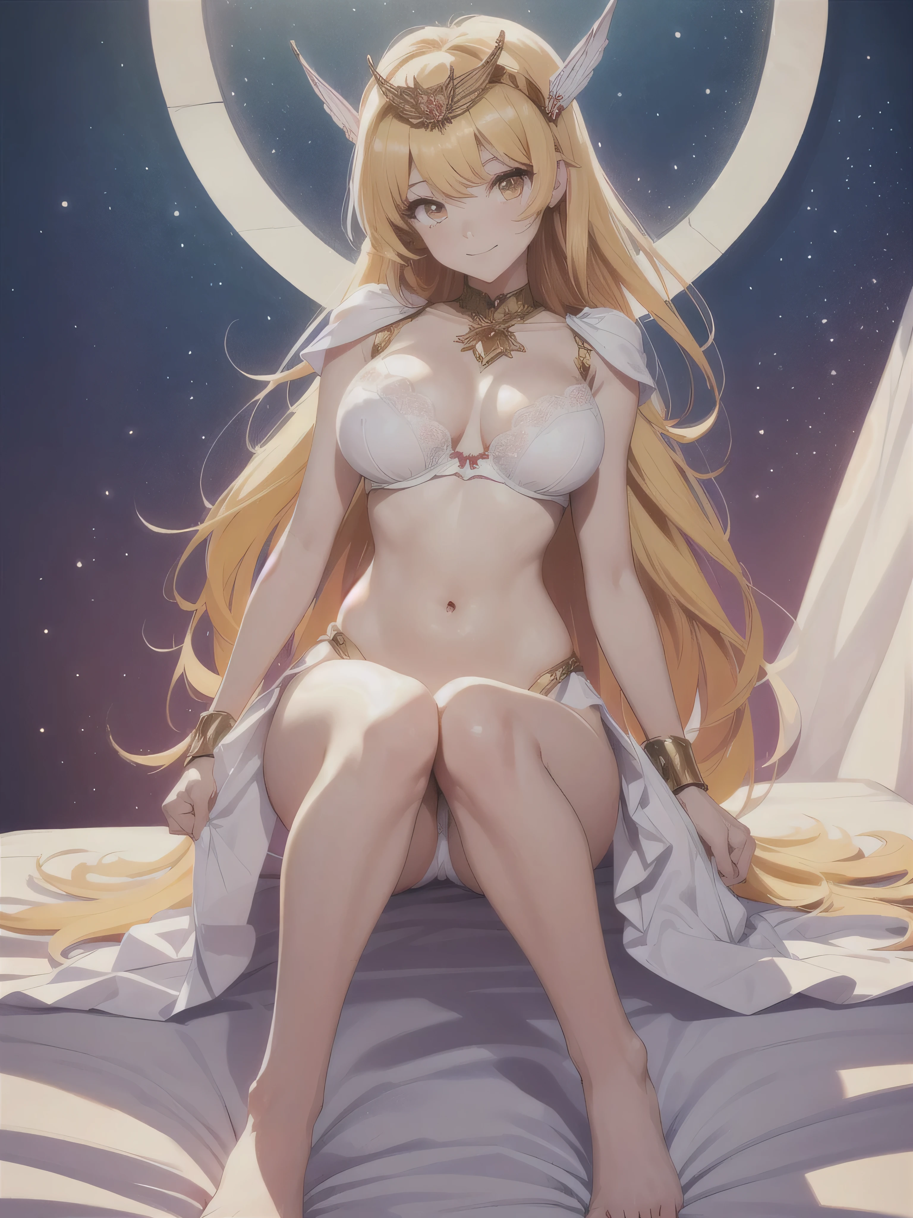 (masterpiece, super high quality, 32K ultra HD anime, anime style, highly detailed, perfect anatomy, perfect human anatomy, NSFW-14, uncensored), ((MagicalPrincess, full nude)), mature woman, solo, (blonde hair, long hair, straight hair, thick parted bangs, flicked bangs on the ends, hair blowing in the wind), (detailed beautiful eyes, orange eyes), smiling face, beautiful collarbone, (huge breasts: 1.7, firm breasts), (beautiful arms, beautiful elbows, beautiful hands, beautiful fingers, (four fingers, one thumb)), smooth belly, wide waist: 1.0, wide hips 1.4, beautiful thighs, beautiful knees, beautiful calves, beautiful feet, beautiful toes, white lace bra, white lace panties, (lying on back, legs spread, on bed), looking at viewer, (bedroom background, large bed, dimly lit room), cowboy shot, (front view, shot from below), score_9_up,score_8_up,score_7_up,score_6_up,