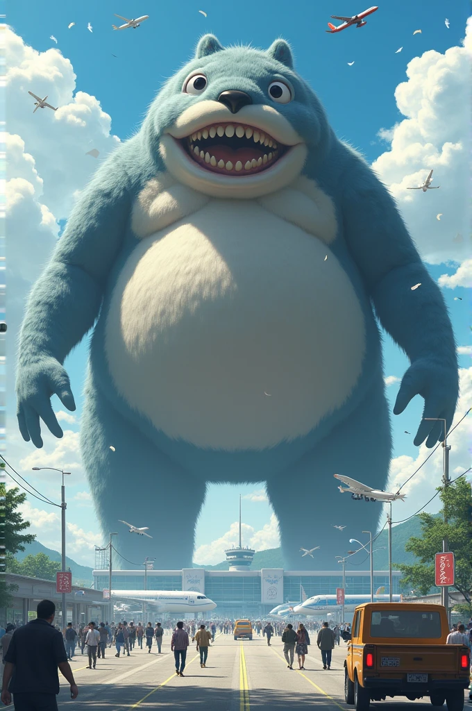 Chibumaru, the unidentified creature that grows huge when it eats udon, destroys Takamatsu Airport