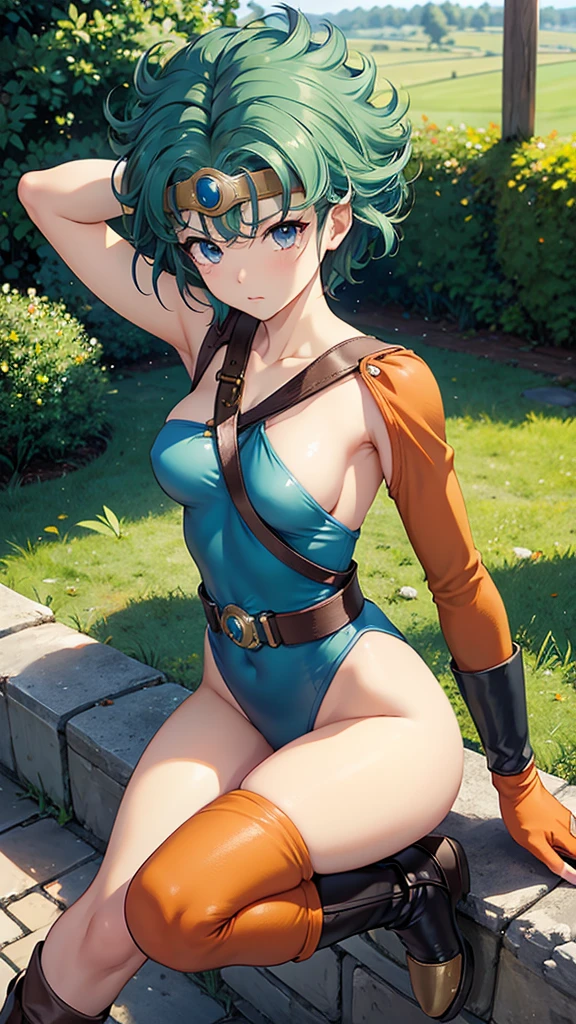 (((SFW、sound、Highest quality、First class work、Normal body、、Detailed face、Ultra-precision、Normal hand、通常のrefer to、5refer to、Highest)))、beautiful girl、yamato nadeshiko、Small breasts、Shortcuts、Blue leotard、Shoulder Off、Red Cape、Circlet、Bastard sword、shield、Dragon Quest、grassland、Depict every detail、Noise is kept to a minimum