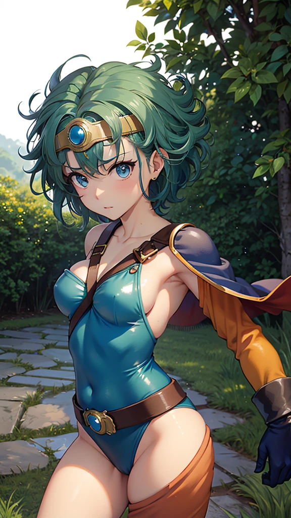 (((SFW、sound、Highest quality、First class work、Normal body、、Detailed face、Ultra-precision、Normal hand、通常のrefer to、5refer to、Highest)))、beautiful girl、yamato nadeshiko、Small breasts、Shortcuts、Blue leotard、Shoulder Off、Red Cape、Circlet、Bastard sword、shield、Dragon Quest、grassland、Depict every detail、Noise is kept to a minimum