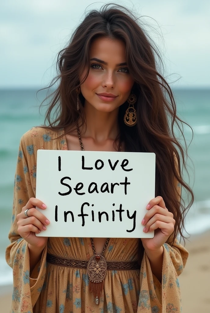 Beautiful girl with wavy long hair, bohemian dress, holding a white board with text "I Love Seaart Infinity" and showing it to the viewer