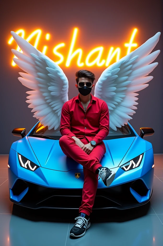 create a 3D illusion for a profile picture where a 25 year old boy attitude BOY in a red dress and sunglasses sitting casually on a wingback blue Super car, wearing sneakers, with black mask, and sunglasses, be looks ahead, the background features Nishant in big and capital Light yellow neon font on the dark grey wall, there should not be his shodow, and there are wings to make it appear as if be is an angel.