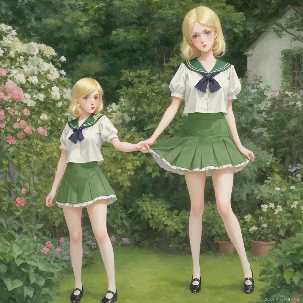 7 girls, long hair, Big , Blushing, blond, Green-eyed sailor suit short skirt 1933 style cute and beautiful girl 18 years old in the garden beautiful long legs high resolution, best quality, masterpiece, Lift skirt mini skirt