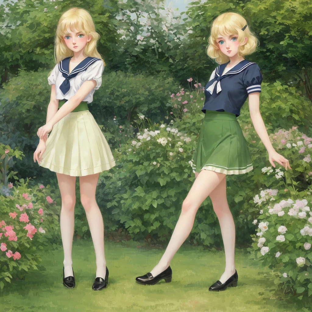 7 girls, long hair, Big , Blushing, blond, Green-eyed sailor suit short skirt 1933 style cute and beautiful girl 18 years old in the garden beautiful long legs high resolution, best quality, masterpiece, Lift skirt mini skirt