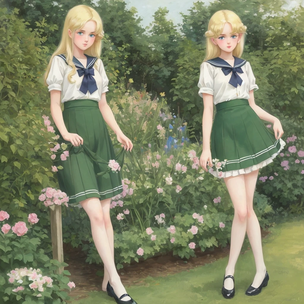 7 girls, long hair, Big , Blushing, blond, Green-eyed sailor suit short skirt 1933 style cute and beautiful girl 18 years old in the garden beautiful long legs high resolution, best quality, masterpiece, Lift skirt mini skirt