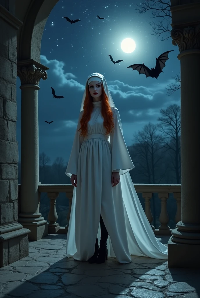 (no nudity: 1.5), a picture of an exquisite beautiful female nun vampire standing under the starry night sky on the porch of her monastery, (pale skin: 1.3), red hair, wavy hair, dynamic eyes color, cold eyes, glowing eyes, intense eyes, dark red lips, ((fangs: 1.1)), wearing (white nun uniform: 1.3), long cloak, flowing cloak, wearing (high heeled boots: 1.3), sky full of stars background, moon, bats flying about, action shot, high details, best quality, 16k, ((ultra detailed: 1.5)), masterpiece, best quality, portrait shot, photorealism, dark fantasy art, gothic art, many stars, sense of dread, GlowingRunesAI_red, Cinematic Hollywood Film style, , dark novel, Cinematic Hollywood Film style