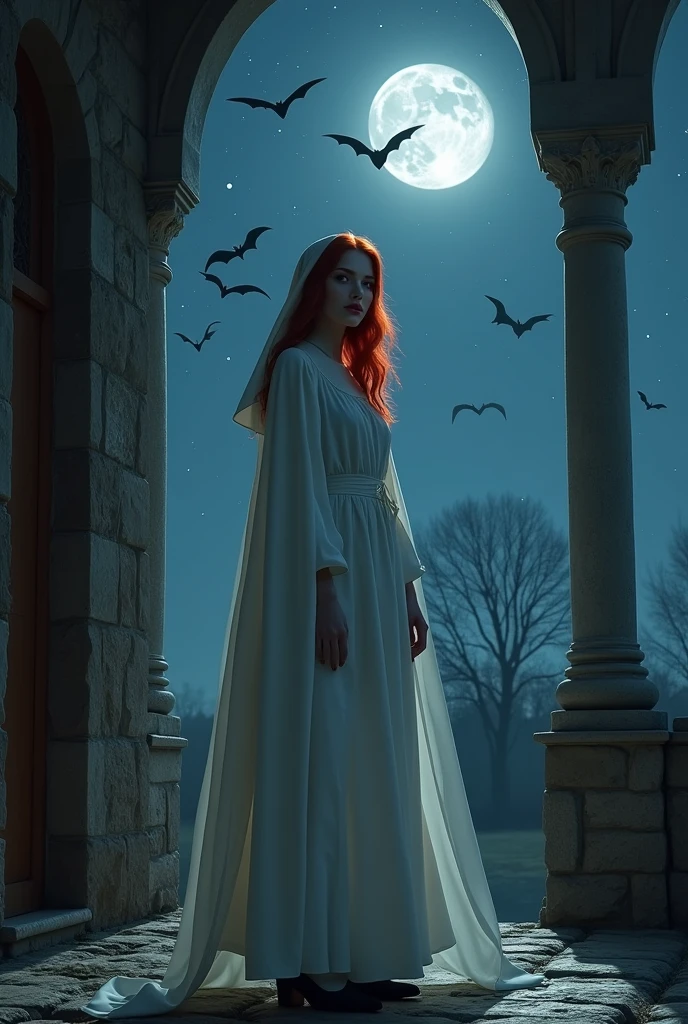 (no nudity: 1.5), a picture of an exquisite beautiful female nun vampire standing under the starry night sky on the porch of her monastery, (pale skin: 1.3), red hair, wavy hair, dynamic eyes color, cold eyes, glowing eyes, intense eyes, dark red lips, ((fangs: 1.1)), wearing (white nun uniform: 1.3), long cloak, flowing cloak, wearing (high heeled boots: 1.3), sky full of stars background, moon, bats flying about, action shot, high details, best quality, 16k, ((ultra detailed: 1.5)), masterpiece, best quality, portrait shot, photorealism, dark fantasy art, gothic art, many stars, sense of dread, GlowingRunesAI_red, Cinematic Hollywood Film style, , dark novel, Cinematic Hollywood Film style