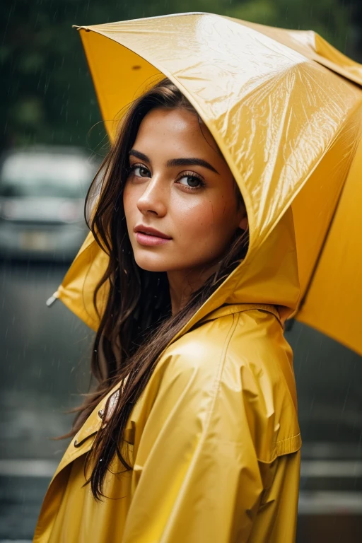 2000s vintage RAW photo, photorealistic, film grain, candid camera, color graded cinematic, eye catchlights, atmospheric lighting, macro shot, skin pores, imperfections, natural, The portrait of a cute beautiful woman wearing a yellow raincoat standing in the rain with wet hair and face down, realistic, highly detailed, medium format photography, 8k resolution