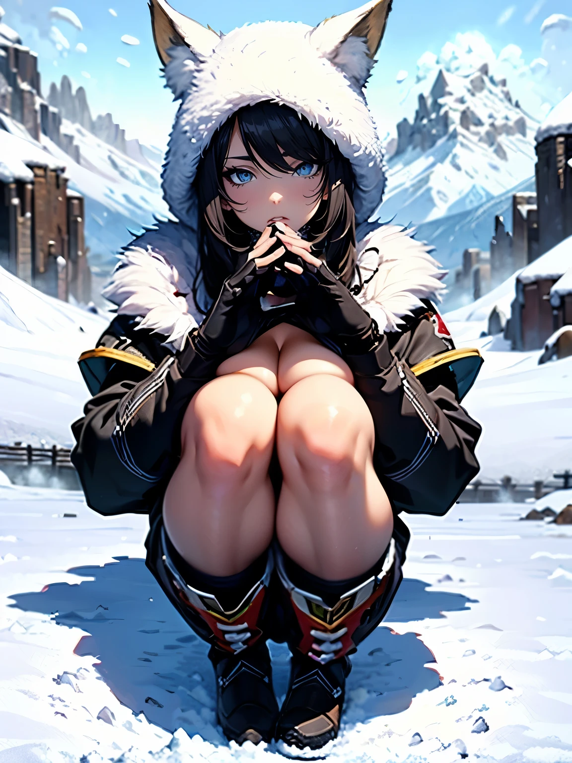 high-definition images, atmospheric perspective, 8k, super detail, accurate, best quality, a woman, (winter clothes, jacket), looking away, (drooping eyes), (sleepy), earrings, got drunk, showing off her detailed drawing of deluxe panties, pantyhose, dark hour of down, boots, 