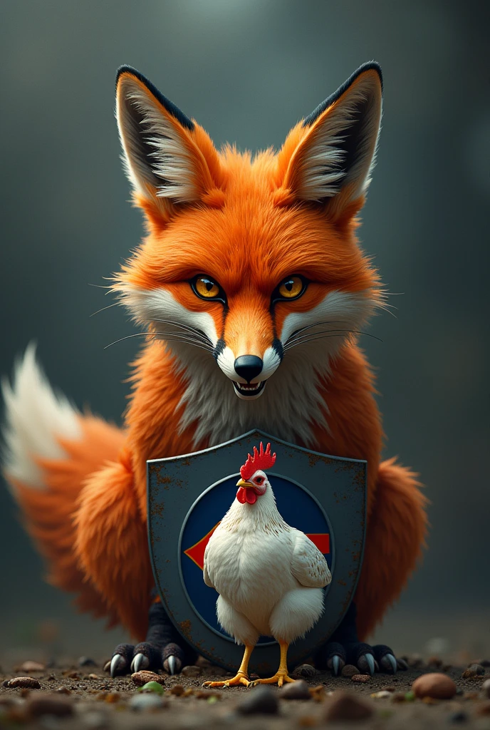 Create an image of a large and terrifying Fox, behind a chicken wanting to eat it. In the background you place the Cruzeiro Esporte Clube team shield