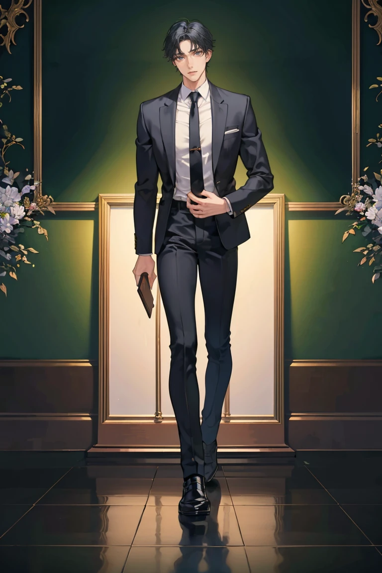 (masterpiece), best quality, seductive eyes, perfect face, handsome man, dark black eyes, messy short length black hair, brown skin, long nose, teacher uniform, black necktie, full body, he's a teacher, extremely tall man, long legs, long calves, anime cover, 1boy, ear piercings, adult-like look, manhwa character, male teacher, school background, he's standing and leaning on the wall with a green blackboard in the background and he's reading a book with his right hand