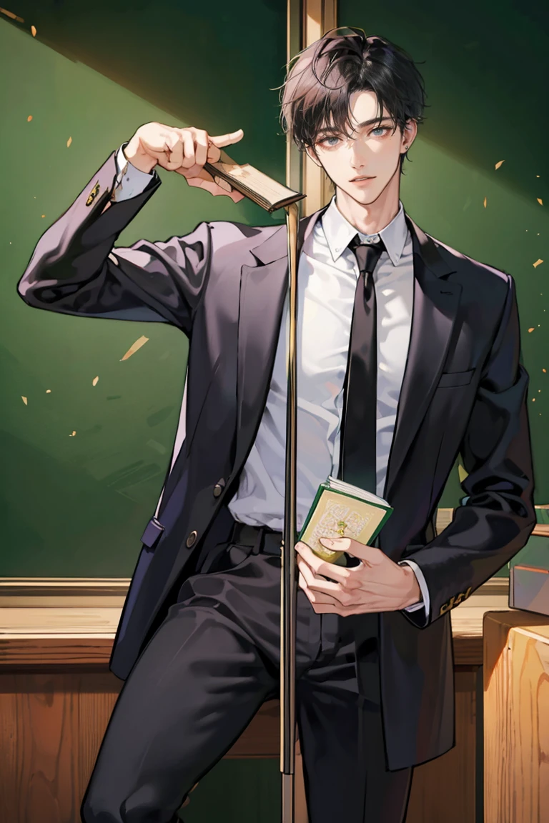 (masterpiece), best quality, seductive eyes, perfect face, handsome man, dark black eyes, messy short length black hair, brown skin, long nose, teacher uniform, black necktie, full body, he's a teacher, extremely tall man, long legs, long calves, anime cover, 1boy, ear piercings, adult-like look, manhwa character, male teacher, school background, he's standing and leaning on the wall with a green blackboard in the background and he's reading a book with his right hand
