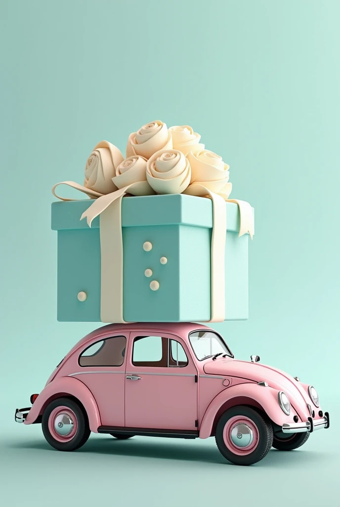Fascinating, Exquisite details, best quality,masterpiece,Rich details,Symbolizes unlimited creativity and imagination. Surreal work,A light pink mini vintage beetle car,A huge Tiffany blue cube gift box shaped creative cream dessert is placed on the roof.,The top layer of the dessert is decorated with multiple layers of ribbons and a beautiful bow made of white cream,Detailed with rose flower shapes made of white cream,Clean background,Full of advanced、Luxury、grace,