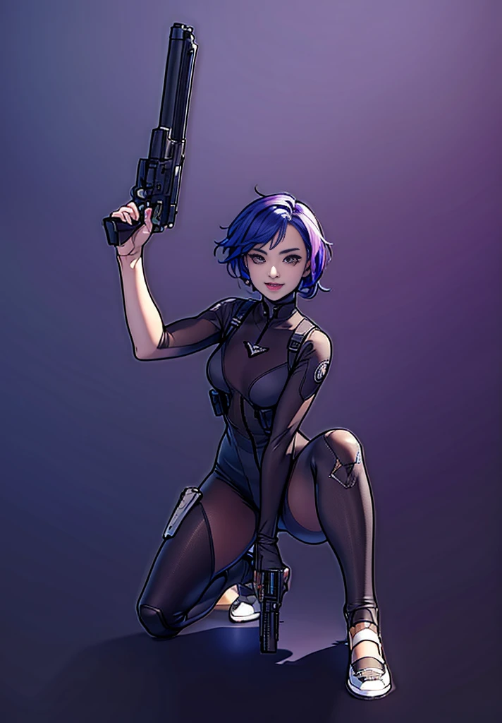 elaizaikedareal、A young woman with a bold look and hairstyle、I have a gun in my hand。She holds the gun with confidence、Because I&#39;m ready to compete、The chest is prominent。