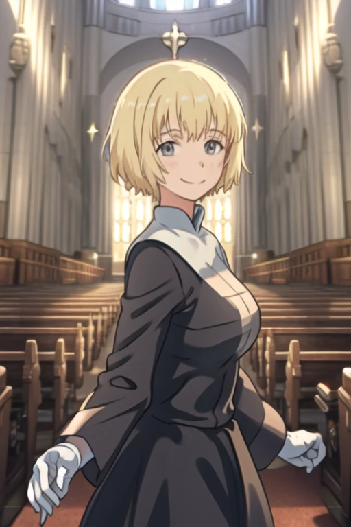 Orsola, solo, 1girl, nun, white gloves, nun outfit,,long skirt, short hair, blonde hair, smile, church