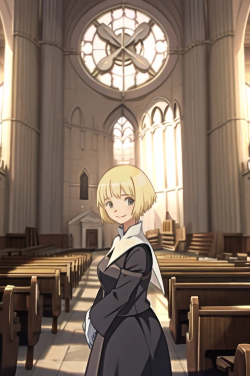 Orsola, solo, 1girl, nun, white gloves, nun outfit,,long skirt, short hair, blonde hair, smile, church