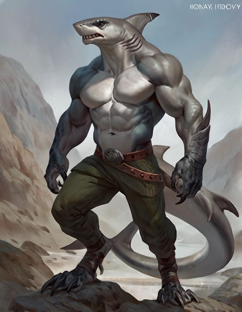 Sharkfolk, bull shark, comic book style, illustration, solo, ferocious, male, standing, mercenary, pants, masterpiece, best art, full body, by laobai, by taran fiddler, by honovy, detailed eyes, detailed body, claws, masculine body shape, fantasy, tall, topless, pecs, pants, belts on chest