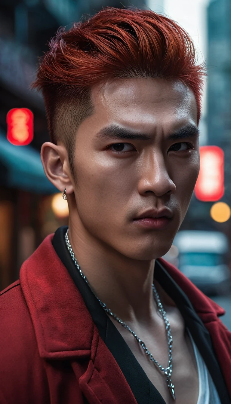 ((Close-up)), male vampire, half human, half beast, extremely handsome, (((red hair))), 15 years old, muscular, tight, wearing a necklace, high ponytail, street scene, gangster style, romance, Hong Kong cinema. Eyes filled with sadness and longing. Cinematic light, high detail, 8k, artstation, artistic concept, any virtual darkness. Photo taken with Canon EOS R5 85mm f/11 camera, ((sharp)) mode. Image quality ((8K)), ((realistic)), ((masterpiece)), ((sharpest and highest contrast)), ((amazing depth of field)), ((stereoscopic light)), detailed pore defect, ((looking straight at the camera)), (((red hair))), ((red jacket))
