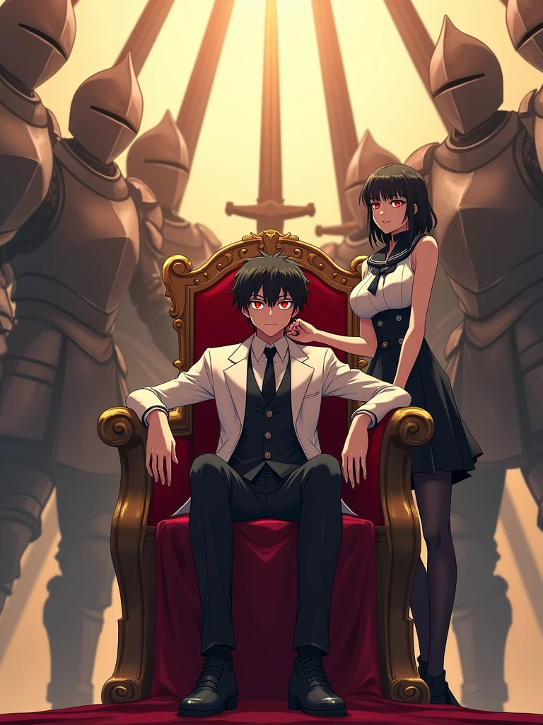 A boy slouching back on the throne with wide spread legs and sitting like a king and with an arrogant attitude he has black hair and red detailed glowing eyes wearing a school uniform and a white blazer with logo and a queen stands next to him touching his shoulder as the center piece,  Giant full armoured dead knights surrounds the throne and  raise their giant swords above the throne and connecting, dreamy and ethereal, golden hour,anime style,fate series style, high quality image,