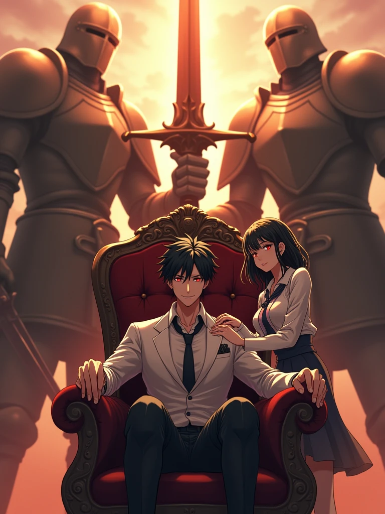 A boy slouching back on the throne with wide spread legs and sitting like a king and with an arrogant attitude he has black hair and red detailed glowing eyes wearing a school uniform and a white blazer with logo and a queen stands next to him touching his shoulder as the center piece,  Giant full armoured dead knights surrounds the throne and  raise their giant swords above the throne and connecting, dreamy and ethereal, golden hour,anime style,fate series style, high quality image,