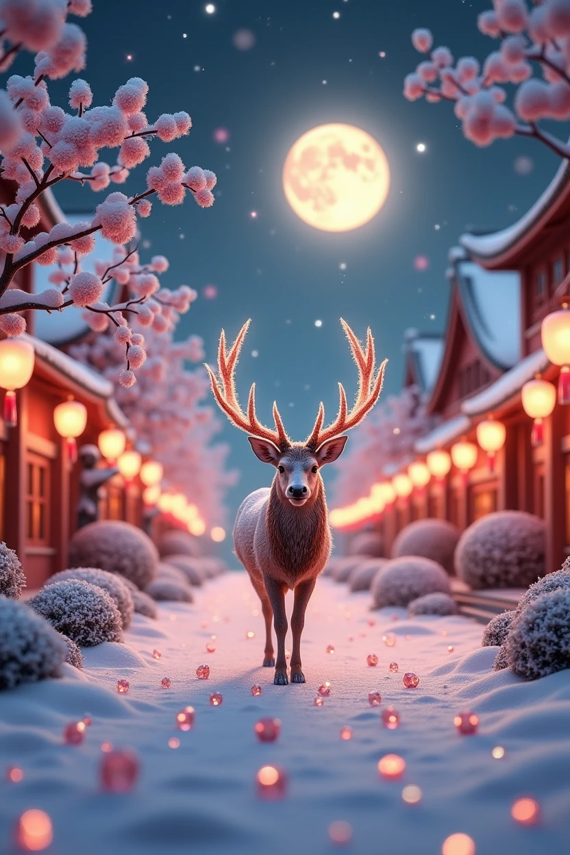 3d rendering of beautiful romantic snow scene,exquisite and beautiful snowflakes condensed into crescent shape,with moon halo,snowflake road with jiangnan water town night sky blooming beautiful firework,snow scene,snow,snowflakes,plum trees,houses hanging lanterns,many heartshaped crystal stones shining on the snow,light golden roses,very clear and beautiful,surreal,light golden color scheme,soft and clear edges,lighting effects,super beautiful,super high definition,super detailed,epic cg rendering,dreamy and beautiful,8k ar 2:3 v 4 1 --v 4 --ar 2:3 A very beautiful elk in the middle.The antlers are amber