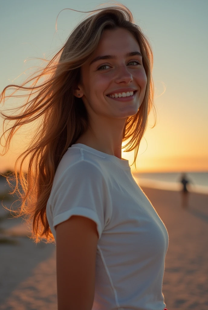 Masterpiece, Best quality, 8 k, 16, Big breasts, Raw image, Professional photography, painting, dim light, Professional lighting, Single, He smiles, close up, Face, close up, cute, Girly, Goddess, Sensitive girl, Neat and clean beauty, Full body, Digital SLR, Looking away, Clear., developed, Film grains, (Detailed eyes and faces:1.0), Medium length hair blowing in the wind, Explosions, t shirt, A pocket, pink sneakers ,Her background is forward.