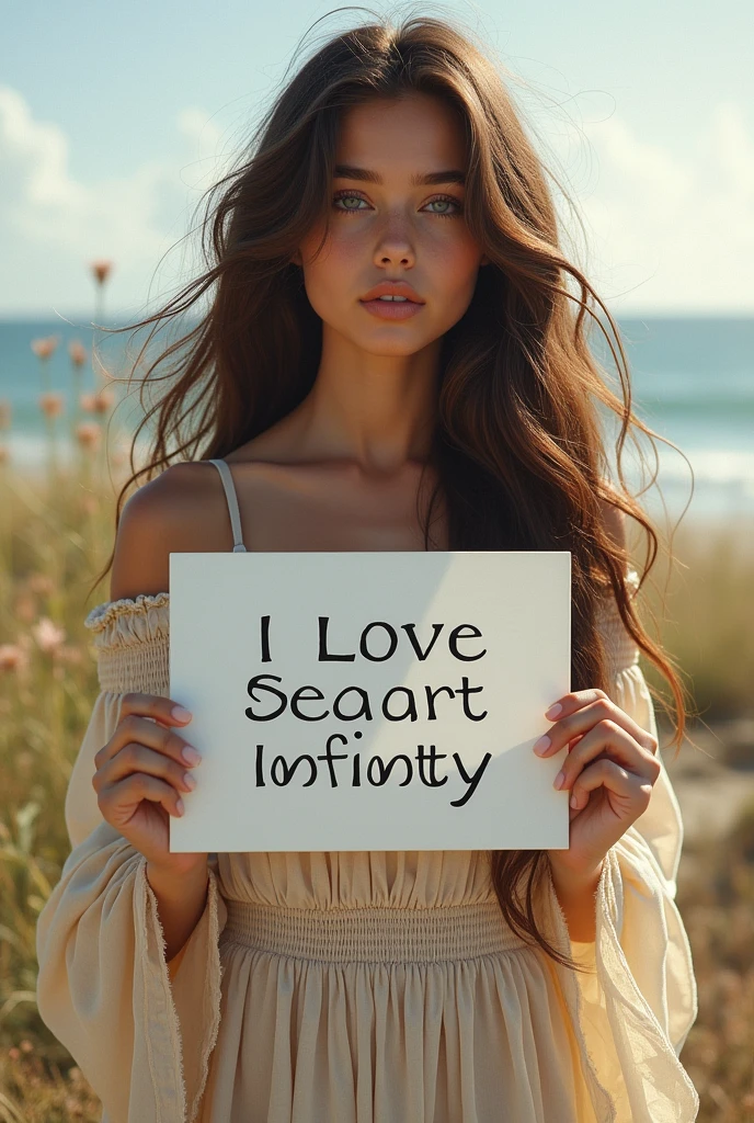 Beautiful girl with wavy long hair, bohemian dress, holding a white board with text "I Love Seaart Infinity" and showing it to the viewer