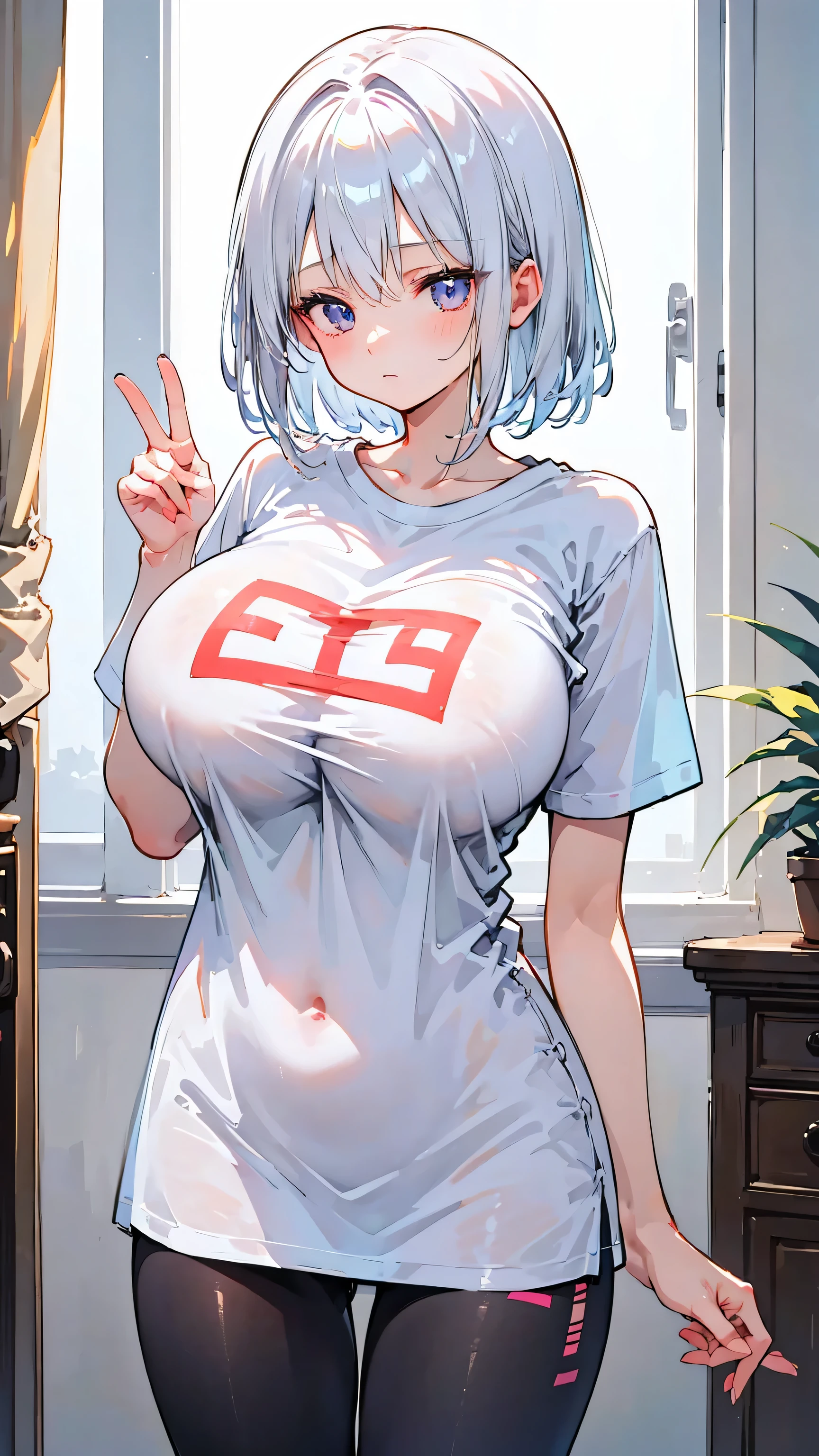 Ultra-high resolution, 8k,high quality,((((T-Shirts)))),(***** Girl、glowing、iridescent light,soft shadow,Anime Painting,thin line drawing),One ****** Woman,(((Huge breasts,Shapely round breasts))),