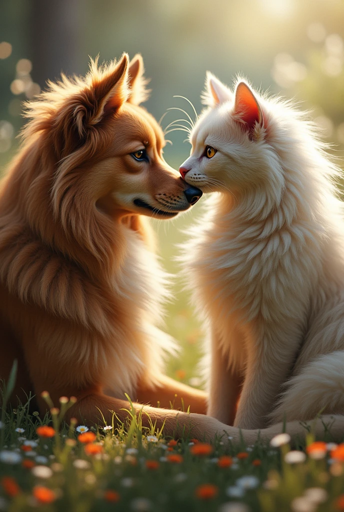Create a photo of dog and cat with long hair.