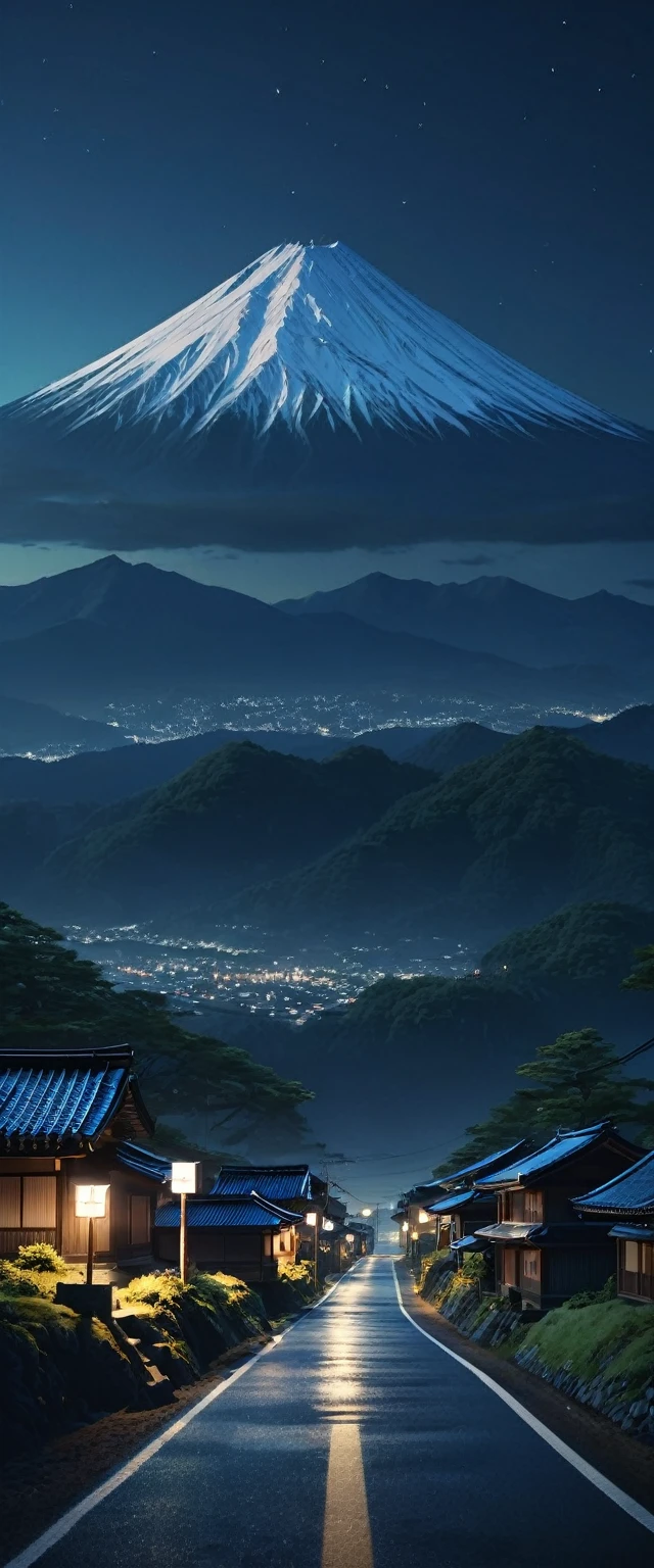 (Highest quality), A dimly lit road leads to a village with a mountain backdrop, artem demura Beep, Japan. Volumetric lighting, realism | Beep, Night view, Beep and mike winkelmann, Beautifully illuminated landscape, Beep global illumination, Andreas Rocha Style, Beeple, Inspired by Andreas Rocha