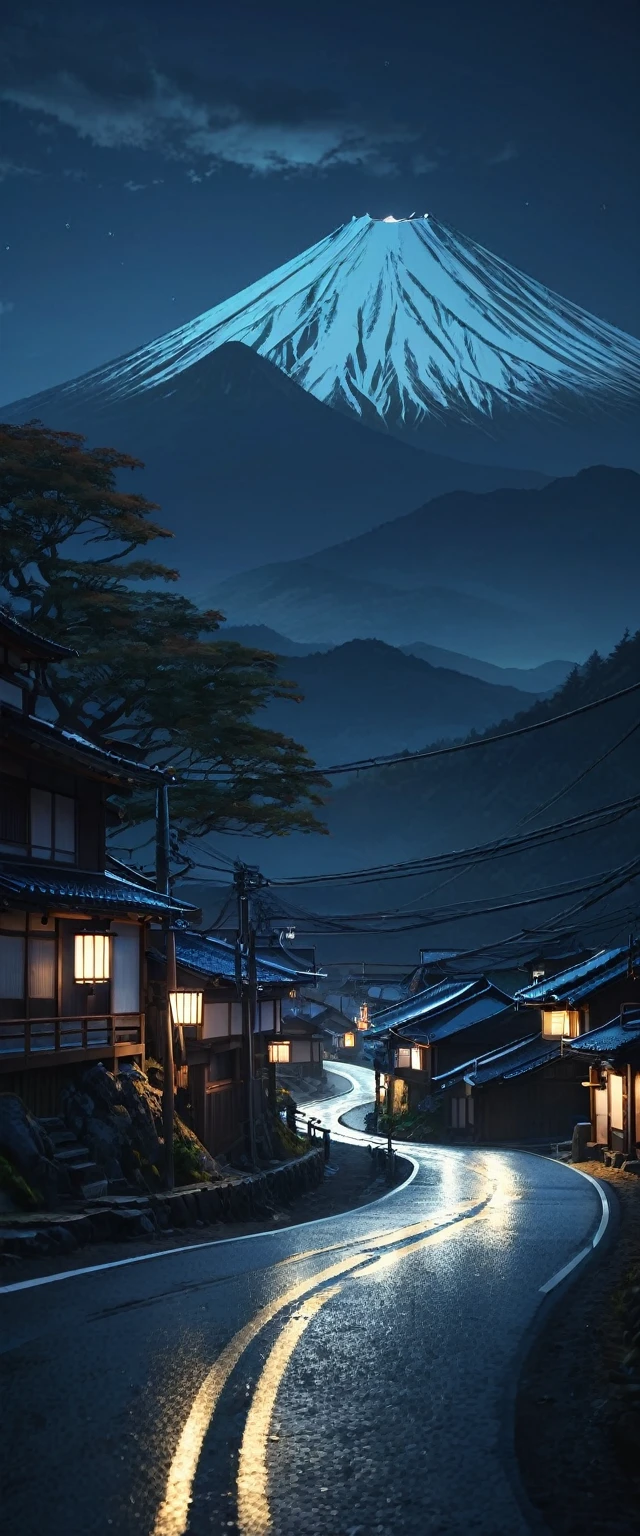 (Highest quality), A dimly lit road leads to a village with a mountain backdrop, artem demura Beep, Japan. Volumetric lighting, realism | Beep, Night view, Beep and mike winkelmann, Beautifully illuminated landscape, Beep global illumination, Andreas Rocha Style, Beeple, Inspired by Andreas Rocha