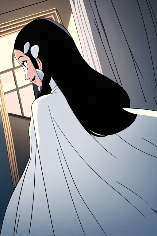 Tinya Wazzo, solo,black hair, long hair. grey eyes, smile, grey lips, white cape, best quality, masterpiece, 1girl, Masterpiece, Best Quality, Detail, room, From Behind, From Below, cape in front,
