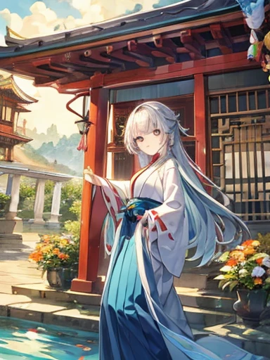 ((Highest quality)), ((masterpiece))、Small breasts are justice、Majestic Background、View from afar、Multiple people、Two women、Two shrine maidens、Dance、prayer、Uplifting、guide、(Blue and silver long hair、Blue-green eyes)、(Scarlet long hair、Orange eyes)、Miko costume、Hakama、morning haze、shrine、anime