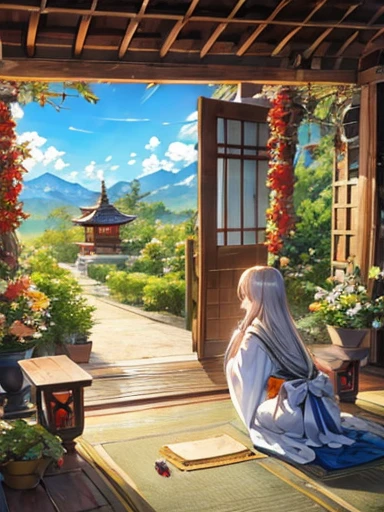 ((Highest quality)), ((masterpiece))、Small breasts are justice、Majestic Background、View from afar、Multiple people、Two women、Two shrine maidens、Dance、prayer、Uplifting、guide、(Blue and silver long hair、Blue-green eyes)、(Scarlet long hair、Orange eyes)、Miko costume、Hakama、morning haze、shrine、anime