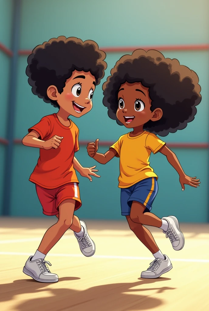 One Indian boy aged 9 and one african girl aged 8 with curly hair doing Aerobic Gymnastics in a squash court and wearing sportswear and white rubber shoes.  Anime style. 