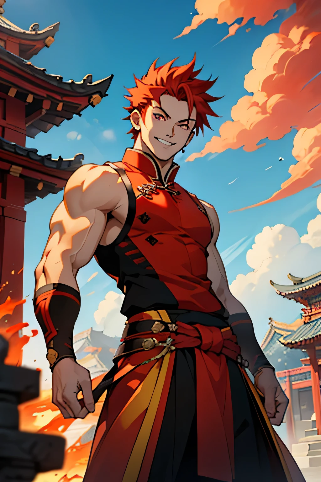 man, spiky red hair, white skin, sleeveless red and black martial costume, Chinese temple
in the background, fire manipulation, firepower, smile, strong, avatar style, anime, blue sky, young man, orange eyes