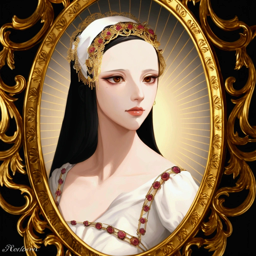 arafed picture of a woman in a white dress and a gold frame, renaissance digital painting, in the art style of bowater, digital art of an elegant, masterpiece! portrait of arwen, inspired by Hans Holbein the Elder, inspired by Hans Holbein the Younger, baroque digital painting, inspired by Ambrosius Holbein, portrait of princess