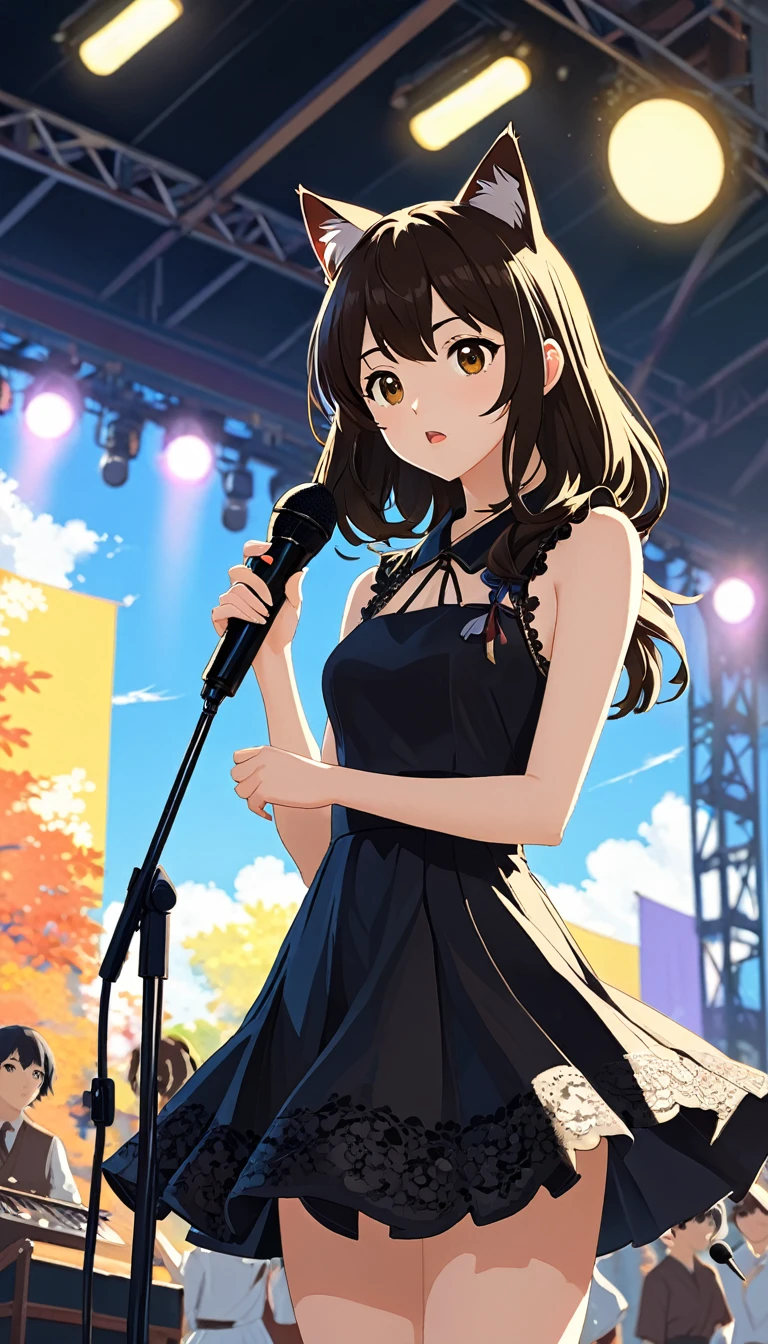 A beautiful slender girl with long dark hair, bangs, Cat ear, Clear brown eyes, White skin. She was wearing a little black lace dress, With a microphone in hand, And he was singing. The background is the stage. Vivid colors even in backlit conditions during the day. This figure shows Japanese anime style., anime, figure, 3D Rendering, Painting, fashion, acrylic Painting, Trending on pixiv Fanbox, Palette knife and brush, Makoto Shinkai's Style Jamie Wyeth James Gilliard Edward Hopper Greg Ratkowski Studio Ghibli Genshin Impact