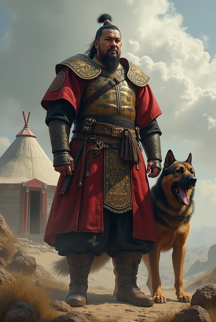 Genghis Khan with a Dog
Prompt: "A powerful depiction of Genghis Khan, the fierce Mongol leader, standing tall with a look of fear as a large dog barks in the background. The setting is a rugged landscape with a hint of a traditional Mongolian yurt, capturing the paradox of a feared conqueror and his unexpected fear of dogs."
