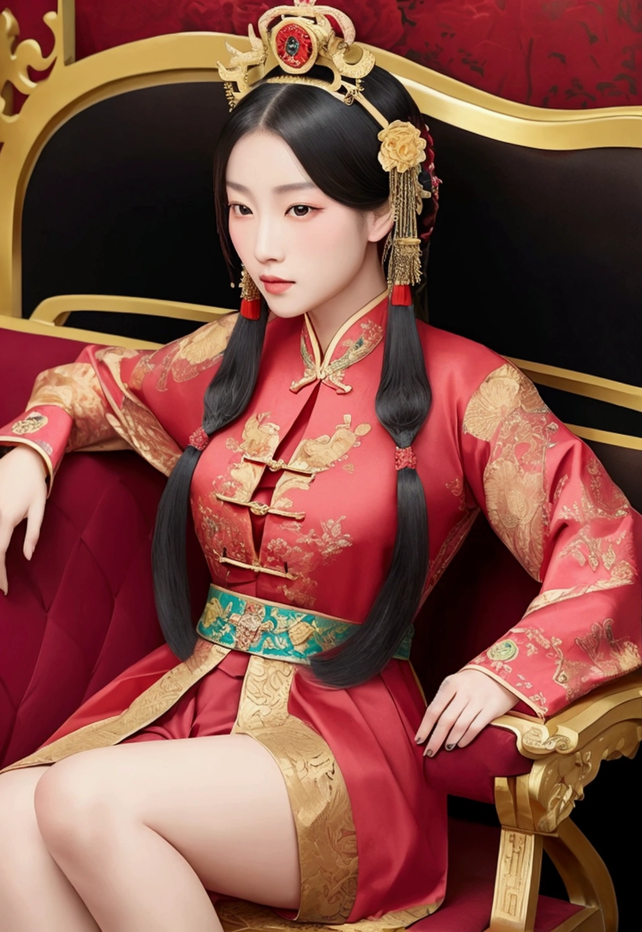 A gorgeous empress from the Chinese imperial court during the Qing Dynasty. She sits naked on a large yellow dragon embroidered sofa with her legs spread apart, her hair in double ponytails, wearing a gorgeous Chinese empress crown and a flower hairpin, and her hair is tied up and pulled up.