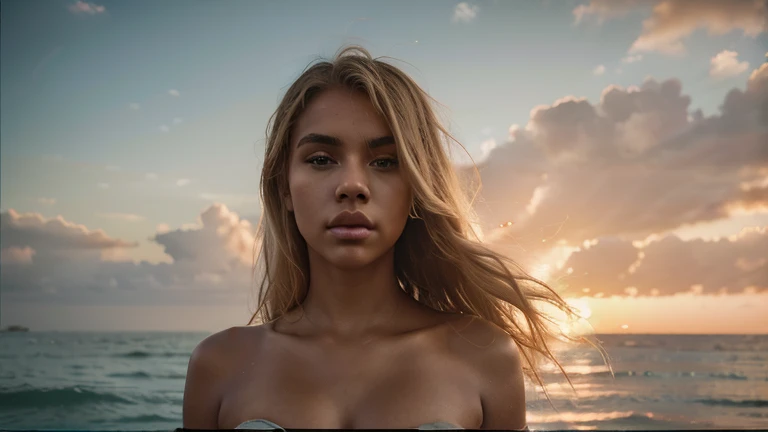 kanye west as a 18 year old girl, sexy gorgeous model, blonde hair, sunset, hair flying in wind, looking straight, ocean, (((portrait))), stunningly beautiful, pouting, shallow field of view, zeiss lens, ultra realistic, octane render, 8k,