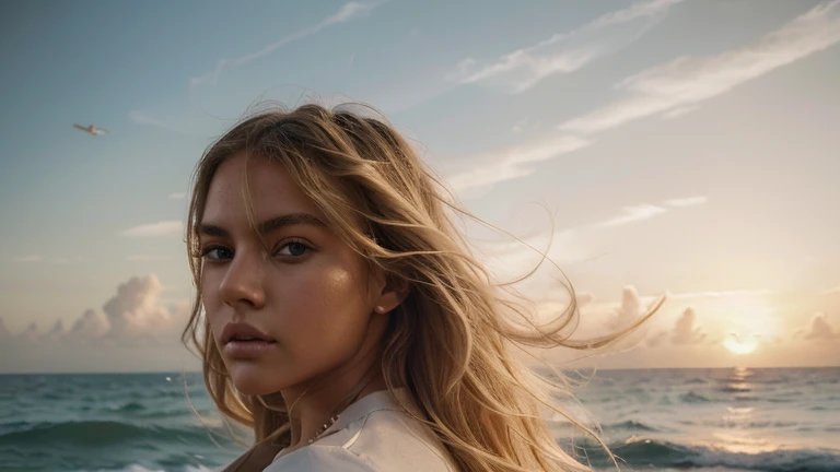 kanye west as a 18 year old girl, sexy gorgeous model, blonde hair, sunset, hair flying in wind, looking straight, ocean, (((portrait))), stunningly beautiful, pouting, shallow field of view, zeiss lens, ultra realistic, octane render, 8k,