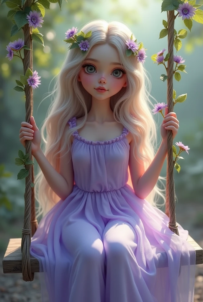 Realistic portrait of a 6 year old girl ((white skin)) cute, lovely smile, ((on swing)), wearing colorful t-shirt and short skirt, fashion, long hair braid, ((bracelet)), Background meadow wildflowers, medium shot, detailed facial details, perfect face, clarity, trendy art, sharp facial details, super fine details, 4k, 8k lighting smooth, --iso 100 dreamy, stylish--