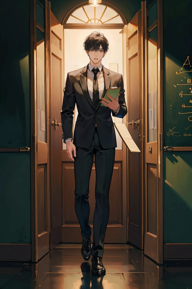 (masterpiece), best quality, seductive eyes, perfect face, handsome man, dark black eyes, messy short length black hair, brown skin, long nose, teacher uniform, black necktie, full body, he's a teacher, extremely tall man, long legs, long calves, anime cover, 1boy, ear piercings, adult-like look, manhwa character, male teacher, school background, he's standing and leaning on the wall with a green blackboard in the background and he's reading a book with his right hand