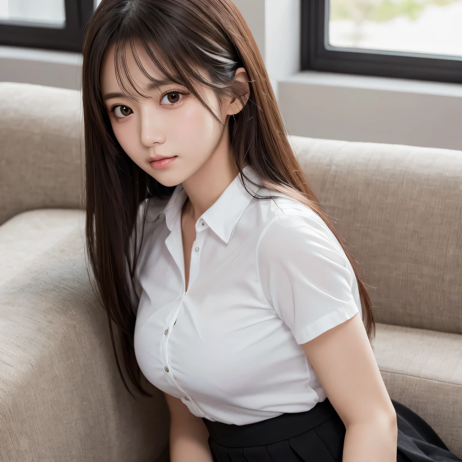 Short sleeved white shirt,Black Skirt,cute,long hair,Sitting on the couch,Light in the eyes,Ultra-high resolution,Soft Light,Face Focus,Light in the eyes,Beautiful face in every detail,looking at the camera,bust size middle