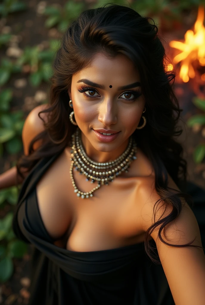 from top view, extreme close up photo of nayanthara, big cheeks, hourglass figure, curvy, swooping breasts, deep cleavage, open arms, sexy armpits, look at viewer lusciously, bindi, necklace, seducing near bush fire in a forest and stripping black scarf, nipples, sunny day sex scene, ponytail, 4K, HD