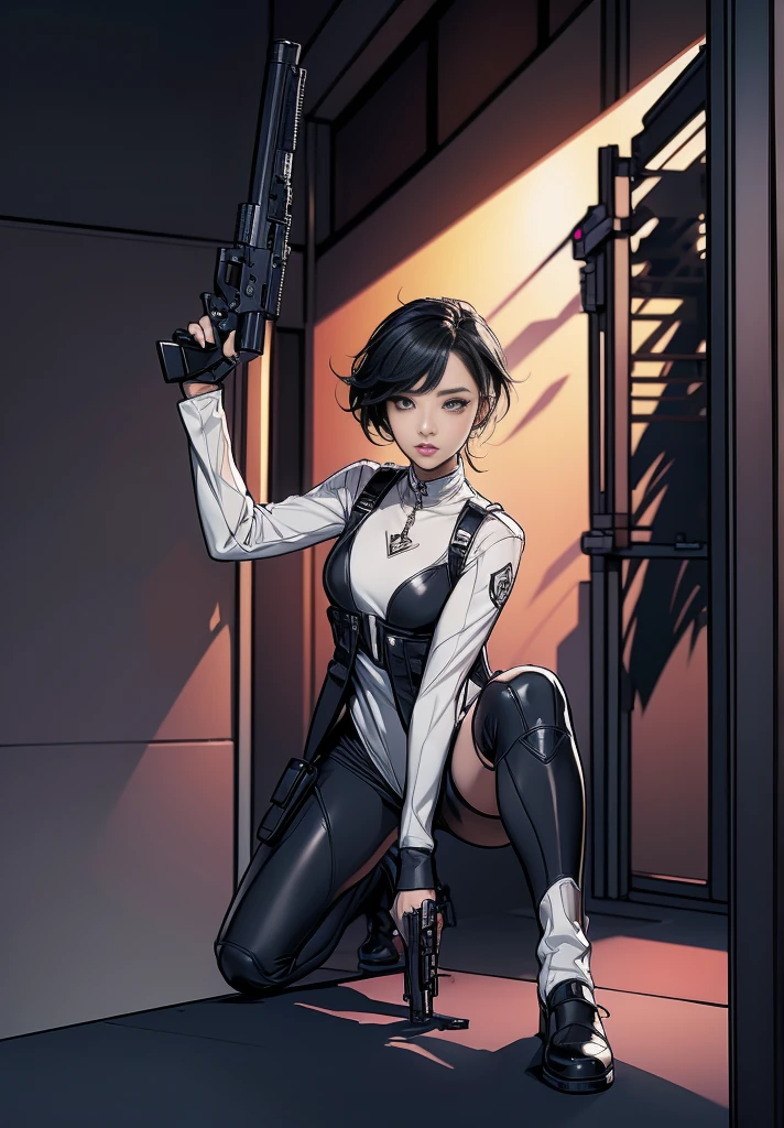 elaizaikedareal、A young woman with a bold look and hairstyle、I have a gun in my hand。She holds the gun with confidence、Because I'm ready to compete、The chest is prominent。
