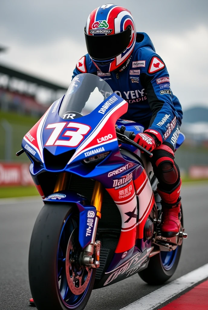 Yamaha r15 v3 with gresini racing team, with rider using TT COURSE captain america helmet