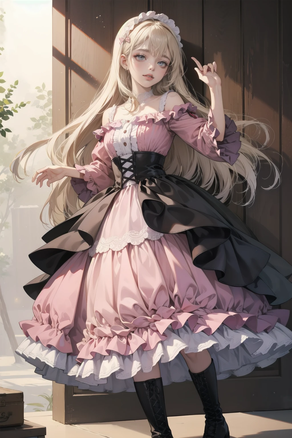 beautiful girl、とてもcute天使、Pink Lolita Dress、cute、Baby Face、smile、Long skirt、Black long boots、