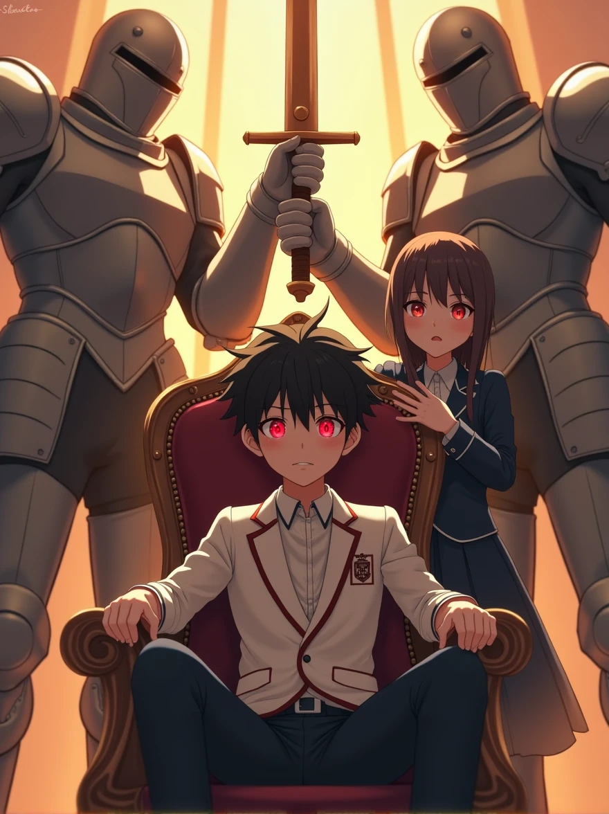 A boy slouching back on the throne with wide spread legs and sitting like a king and with an arrogant attitude he has black hair and red detailed glowing eyes wearing a school uniform and a white blazer with logo and a queen stands next to him touching his shoulder as the center piece,  Giant full armoured dead knights surrounds the throne and  raise their giant swords above the throne and connecting, dreamy and ethereal, golden hour,anime style,fate series style, high quality image,